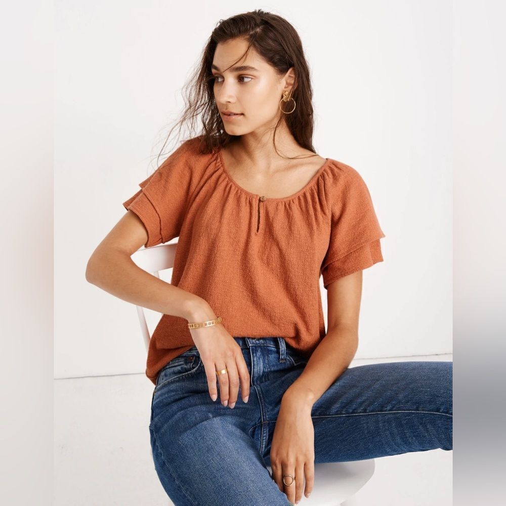 Madewell Textured Keyhole Top Large Clay Tiered Ruffle Sleeves Preppy